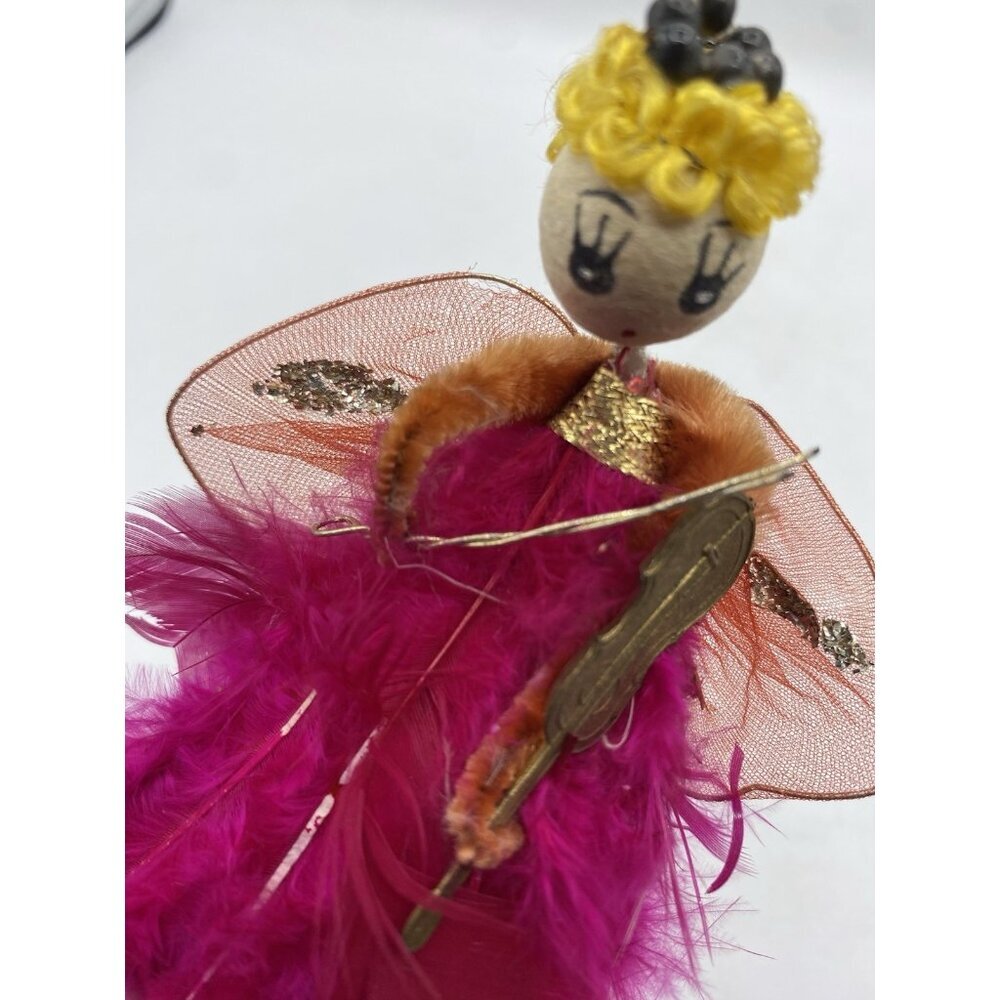 Vintage Feather Angel Hot Pink Christmas Holiday 5 " Cardboard Violin Kitsch MCM - Picture 15 of 16